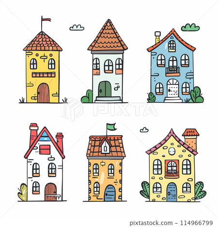 Six colorful cartoon houses, its own style, doors, windows, roof, small details such clouds plants. Brightly colored, whimsical residential buildings illustrated fun childfriendly style. Quaint 114966799