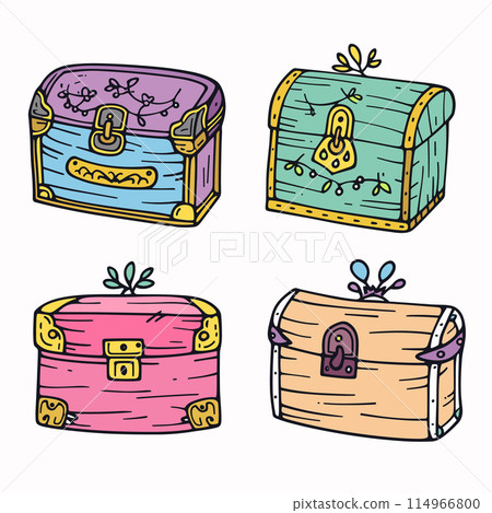 Colorful treasure chests cartoon doodle, hand drawn storage containers, vibrant hues. Four different treasure chests, playful design, lock clasp details, pasteltoned, kids pirate game 114966800
