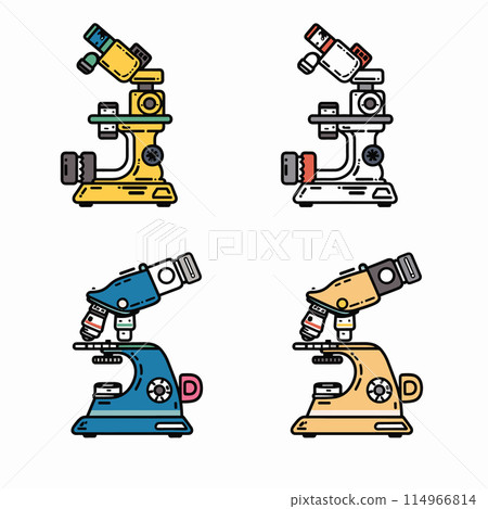 Four colorful microscopes vector illustrations, different color schemes. Laboratory science equipment cartoon style. Bright vibrant colored microscopes suitable educational content Four colorful microscopes vector illustrations, different color schemes. Laboratory science equipment cartoon style. Bright vibrant colored microscopes suitable educational content 114966814