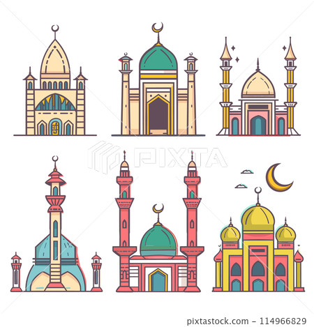 Set six colorful mosque illustrations showcasing Islamic architecture, variety domes minarets, crescent moon accents. Vibrant mosques religious buildings displayed row, linear art style, pastel 114966829