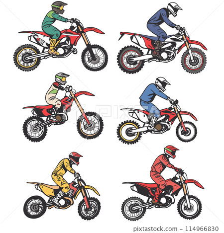 Four motocross riders racing dirt bikes, wearing different color gear including green, blue, yellow, red. Helmets motorbikes action, offroad motorsport competition, extreme sport theme. Sporty male 114966830