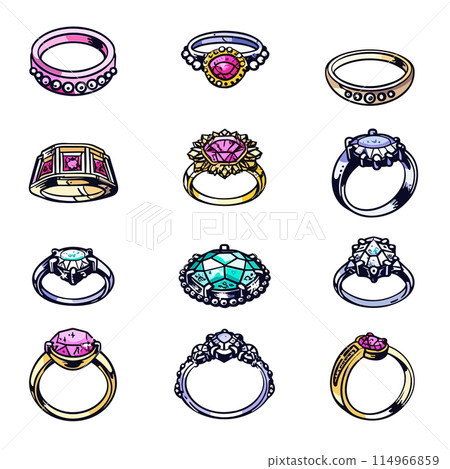 Collection colorful engagement rings, various designs, precious stones, jewelry. Assorted rings featuring diamonds, sapphires, intricate metal work, white isolated background. Selection engagement 114966859