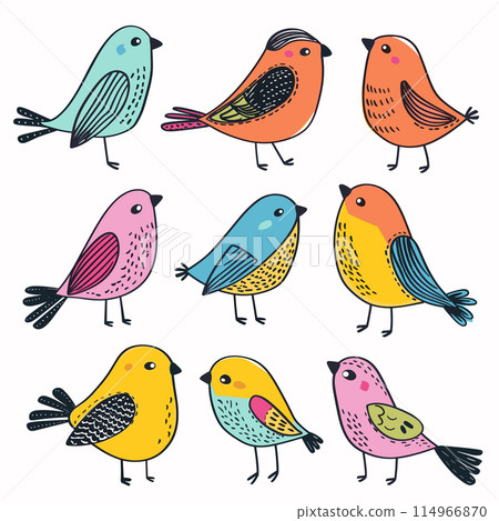 Collection colorful birds standing various poses. Whimsical illustrated songbirds diverse colors patterns, artistic 114966870