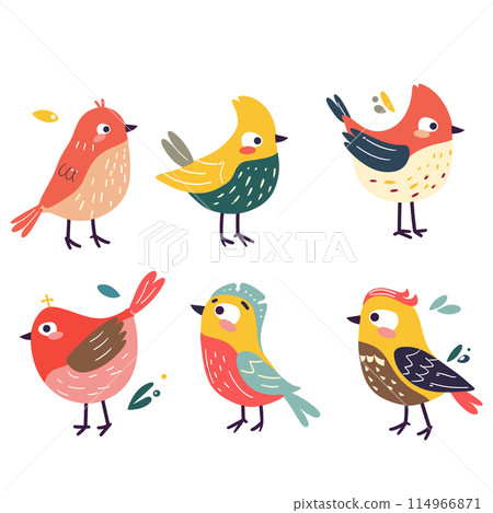 Colorful cartoon birds illustrated whimsical style. Six unique cheerful birds displaying different poses expressions, bird features mix vibrant colors red, yellow, blue, green 114966871
