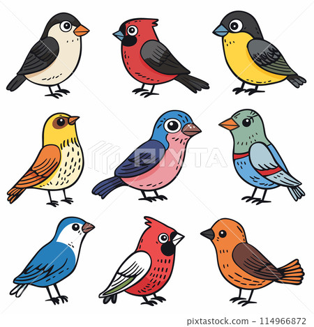 Collection cute stylized birds illustrated various colors. Cartoon birds sporting shades blue, red, yellow, brown. Nine colorful portrayed simple shapes patterns 114966872