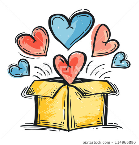 handdrawn yellow gift box exploding colorful hearts. Love hearts emerge vibrantly package indicating surprise, affection, celebration. Cartoon hearts red blue hues fly out cardboard box signifying 114966890