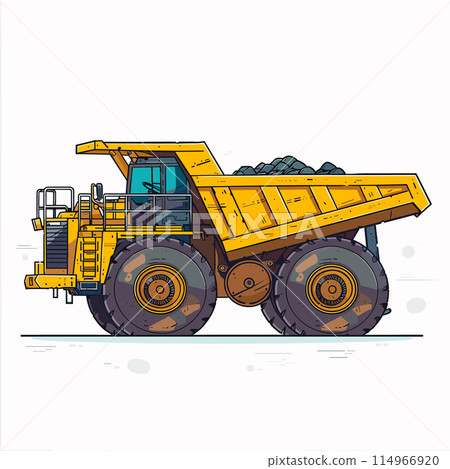 Yellow dump truck loaded rocks cartoon style isolated white background. Construction mining heavy machinery vehicle cartoon illustration. Detailed artwork haul truck mining equipment vector drawing Yellow dump truck loaded rocks cartoon style isolated white background. Construction mining heavy machinery vehicle cartoon illustration. Detailed artwork haul truck mining equipment vector drawing 114966920