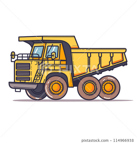 Yellow dump truck cartoon detailed illustration. Heavy construction machinery building activities. Kids toy dump truck six wheels, side view isolated white background 114966938