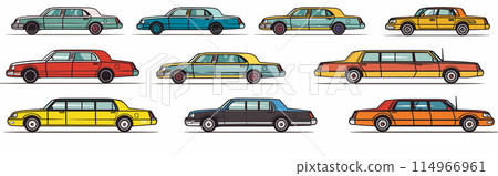 Series vintage cars side view flat design isolated. Retro automobiles colorful collection isolated white background. Classic vehicles sedan limousine variations graphic illustration Series vintage cars side view flat design isolated. Retro automobiles colorful collection isolated white background. Classic vehicles sedan limousine variations graphic illustration 114966961