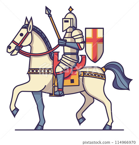 Medieval knight mounted horseback holding lance shield ready battle colorful cartoon. Armored knight horse riding lance wielding shield bearing symbols valor chivalry, regalia historic attire horse 114966970