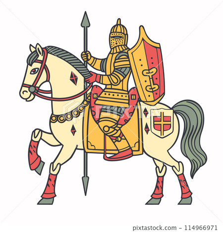 Medieval knight mounted horseback, armed spear, wearing armor. Detailed illustration knight battleready pose, historical reenactment. Colorful drawing featuring middle ages warrior, coat arms Medieval knight mounted horseback, armed spear, wearing armor. Detailed illustration knight battleready pose, historical reenactment. Colorful drawing featuring middle ages warrior, coat arms 114966971