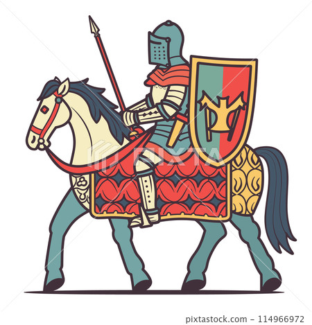 Medieval knight riding horse, armed spear shield, wearing armor. Retro style vector illustration chivalry, historical reenactment. Colorful drawing depicting historical warfare, knightly virtues Medieval knight riding horse, armed spear shield, wearing armor. Retro style vector illustration chivalry, historical reenactment. Colorful drawing depicting historical warfare, knightly virtues 114966972