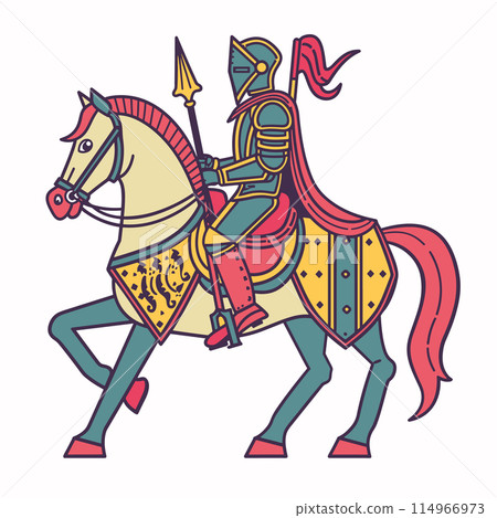Medieval knight horseback armor spear ready battle. Vibrant colored vector illustration knight full armor riding decorated horse, horse adorned yellow, red, green garb historical reenactment 114966973