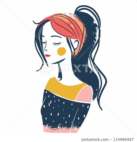 Young woman stylized portrait, modern minimalist fashion illustration. Female closed eyes, peaceful expression, headband, casual top, abstract spots. Trendy girl avatar, artistic profile picture 114966987