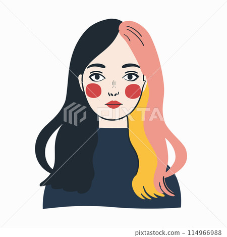 Woman dualtoned hair, one side black side pink yellow, against white background. Stylized female portrait, hair color trend, modern hairstyle. Minimalist art style, woman, blush cheeks 114966988
