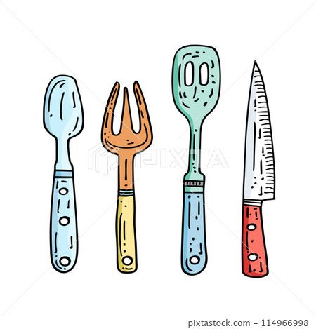 Handdrawn illustration kitchen utensils colorful cartoon style, cooking cutlery set spoon fork slotted turner knife, culinary tools doodle. Kitchenware sketch isolated white background, food Handdrawn illustration kitchen utensils colorful cartoon style, cooking cutlery set spoon fork slotted turner knife, culinary tools doodle. Kitchenware sketch isolated white background, food 114966998