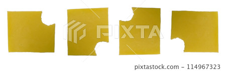 Appetizing slices of yellow cheese with a bitten piece, isolated on transparent close-up 114967323