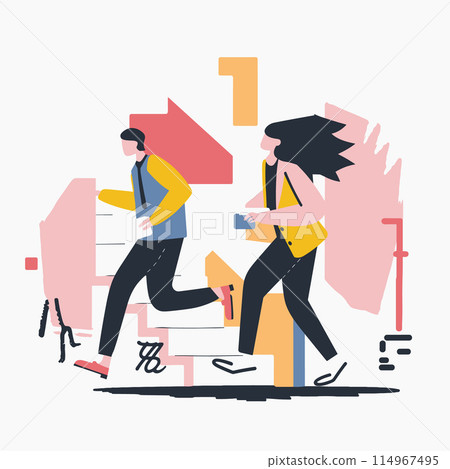 Two people running up stairs against backdrop arrows geometric shapes. Businessman businesswoman race towards success, professional competition concept. Fastpaced work environment, achieving goals 114967495