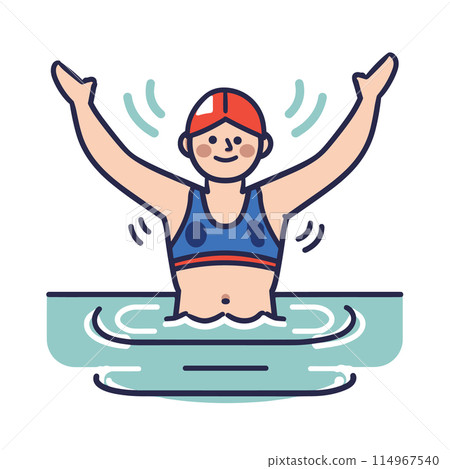 Female swimmer celebrating victory pool cartoon style illustration. Young athlete swimming cap goggles excited winning race swimming pool. Smiling swimmer arms raised triumph aquatic sport cartoon 114967540