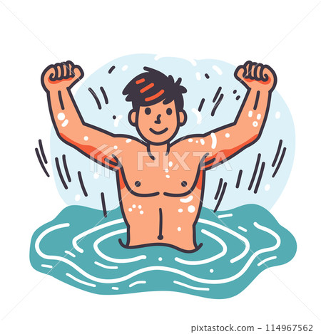 Man celebrating victory water, fists raised, splashing water. Male enjoys swimming success, depicting energy, excitement. Cartoon man winning race, expression triumph pool 114967562