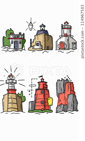 Colorful lighthouse illustrations featuring six unique lighthouses against plain background, lighthouse displays different designs, including varying roofs, windows, attached buildings. Nautical 114967583
