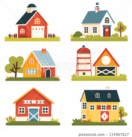 Collection cute stylized houses farm buildings. Colorful vector illustration includes barn, silo, various homes. Graphic style depicts rustic suburban living cartoonlike simplicity Collection cute stylized houses farm buildings. Colorful vector illustration includes barn, silo, various homes. Graphic style depicts rustic suburban living cartoonlike simplicity 114967627