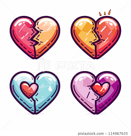 Four stylized hearts represent different emotions states. Top left heart companionship, its pieces fitting together, symbolizing connection. Bottom left heart depicts healing growth small growing Four stylized hearts represent different emotions states. Top left heart companionship, its pieces fitting together, symbolizing connection. Bottom left heart depicts healing growth small growing 114967635