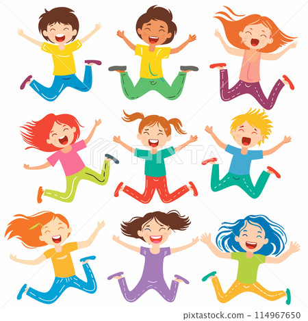 Nine happy children jumping joyfully cartoon style. Diverse kids playing, smiling, expressing happiness excitement. Boys girls illustrated colorful clothes, jumping air, showing movement joy 114967650