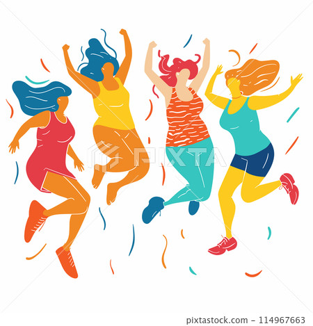 Four women jumping joyfully celebrate diversity happiness. Different ethnicities represented active colorful modern clothes. Dynamic pose energy fun confetti dance party mood Four women jumping joyfully celebrate diversity happiness. Different ethnicities represented active colorful modern clothes. Dynamic pose energy fun confetti dance party mood 114967663