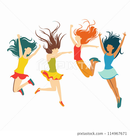 Four joyful women dancing freely expressing happiness excitement. Diverse female characters celebrating, wearing colorful casual dresses, shoes, dynamic hair movement. Joy celebration energetic 114967671