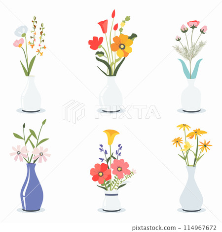 Six vases various flowers colorful bouquets flat design. Assorted floral arrangements home decor flower vases white background. Pastel blooms collection elegant decoration vector illustration 114967672