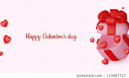 Valentine s day design. Realistic gifts boxes. Open gift box full of decorative festive object. Holiday banner, web poster, flyer, stylish brochure, greeting card, cover. Romantic background 114967727