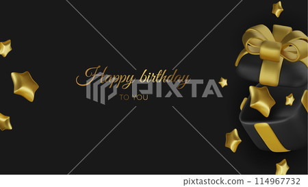 Opened realistic gold gift box with black bow and star. Happy birthday. Vector illustration 114967732