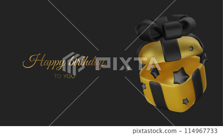Opened realistic gold gift box with black bow and star. Happy birthday. Vector illustration 114967733
