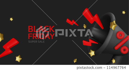 Black Friday super sale. Promo background with realistic 3d cartoon style elements, black gift, percent symbols, stars, percent symbols. Promotion banner, web poster. vector illustration Black Friday super sale. Promo background with realistic 3d cartoon style elements, black gift, percent symbols, stars, percent symbols. Promotion banner, web poster. vector illustration 114967764