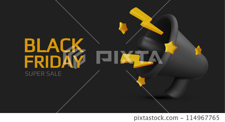 Black Friday super sale. Promo background with realistic 3d cartoon style elements, black gift, percent symbols, stars, percent symbols. Promotion banner, web poster. vector illustration 114967765