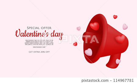 Happy Valentine s Day. Love time concept, realistic 3d megaphone, loudspeaker with red hearts and golden confetti. Vector illustration Happy Valentine s Day. Love time concept, realistic 3d megaphone, loudspeaker with red hearts and golden confetti. Vector illustration 114967781