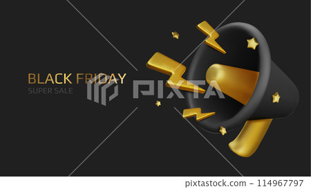 Black Friday super sale. Promo background with realistic 3d cartoon style elements, black gift, percent symbols, stars, percent symbols. Promotion banner, web poster. vector illustration Black Friday super sale. Promo background with realistic 3d cartoon style elements, black gift, percent symbols, stars, percent symbols. Promotion banner, web poster. vector illustration 114967797