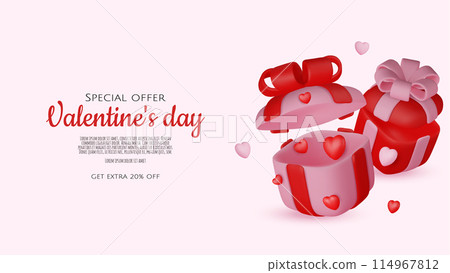 Valentine s day design. Realistic gifts boxes. Open gift box full of decorative festive object. Holiday banner, web poster, flyer, stylish brochure, greeting card, cover. Romantic background 114967812