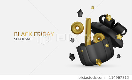 Black Friday super sale. Promo background with realistic 3d cartoon style elements, black gift, percent symbols, stars, percent symbols. Promotion banner, web poster. vector illustration Black Friday super sale. Promo background with realistic 3d cartoon style elements, black gift, percent symbols, stars, percent symbols. Promotion banner, web poster. vector illustration 114967813