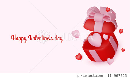 Valentine s day design. Realistic gifts boxes. Open gift box full of decorative festive object. Holiday banner, web poster, flyer, stylish brochure, greeting card, cover. Romantic background Valentine s day design. Realistic gifts boxes. Open gift box full of decorative festive object. Holiday banner, web poster, flyer, stylish brochure, greeting card, cover. Romantic background 114967823