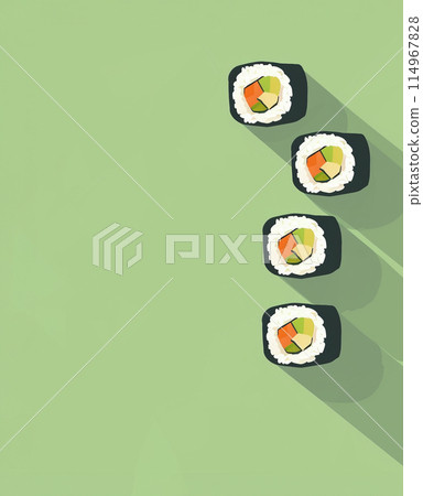 Set of sushi rolls top view over soft green background Set of sushi rolls top view over soft green background 114967828