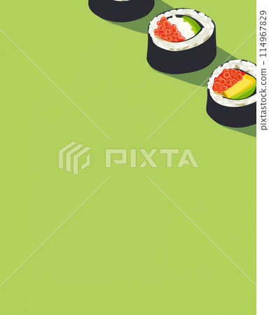 Set of sushi rolls top view over soft green background Set of sushi rolls top view over soft green background 114967829