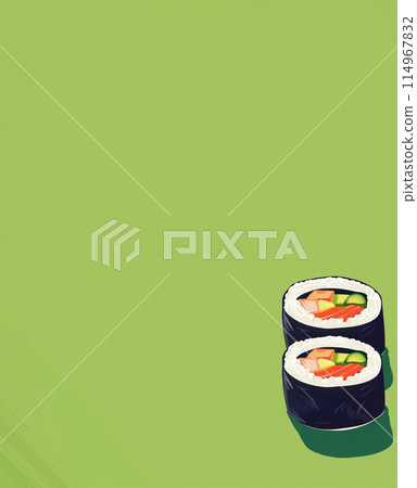Set of sushi rolls top view over soft green background Set of sushi rolls top view over soft green background 114967832