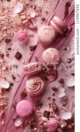 Poster with pink ice cream in a cone with cream, macarons levitating Poster with pink ice cream in a cone with cream, macarons levitating 114967848