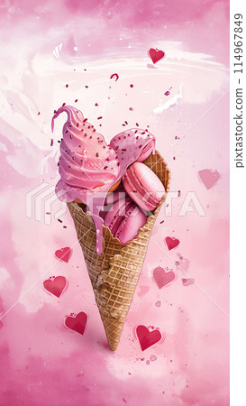 Poster with pink ice cream in a cone with cream, macarons levitating Poster with pink ice cream in a cone with cream, macarons levitating 114967849