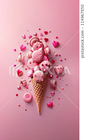 Poster with pink ice cream in a cone with cream, macarons levitating 114967850