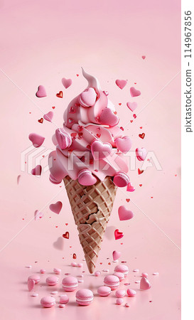 Poster with pink ice cream in a cone with cream, macarons levitating 114967856