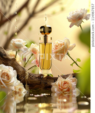 A bottle of body oil surrounded by flowers and water drops. 114967857