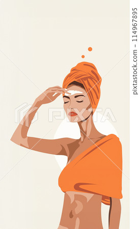 Skincare illustration. Woman with her hair wrapped in an orange towel applying face cream 114967895